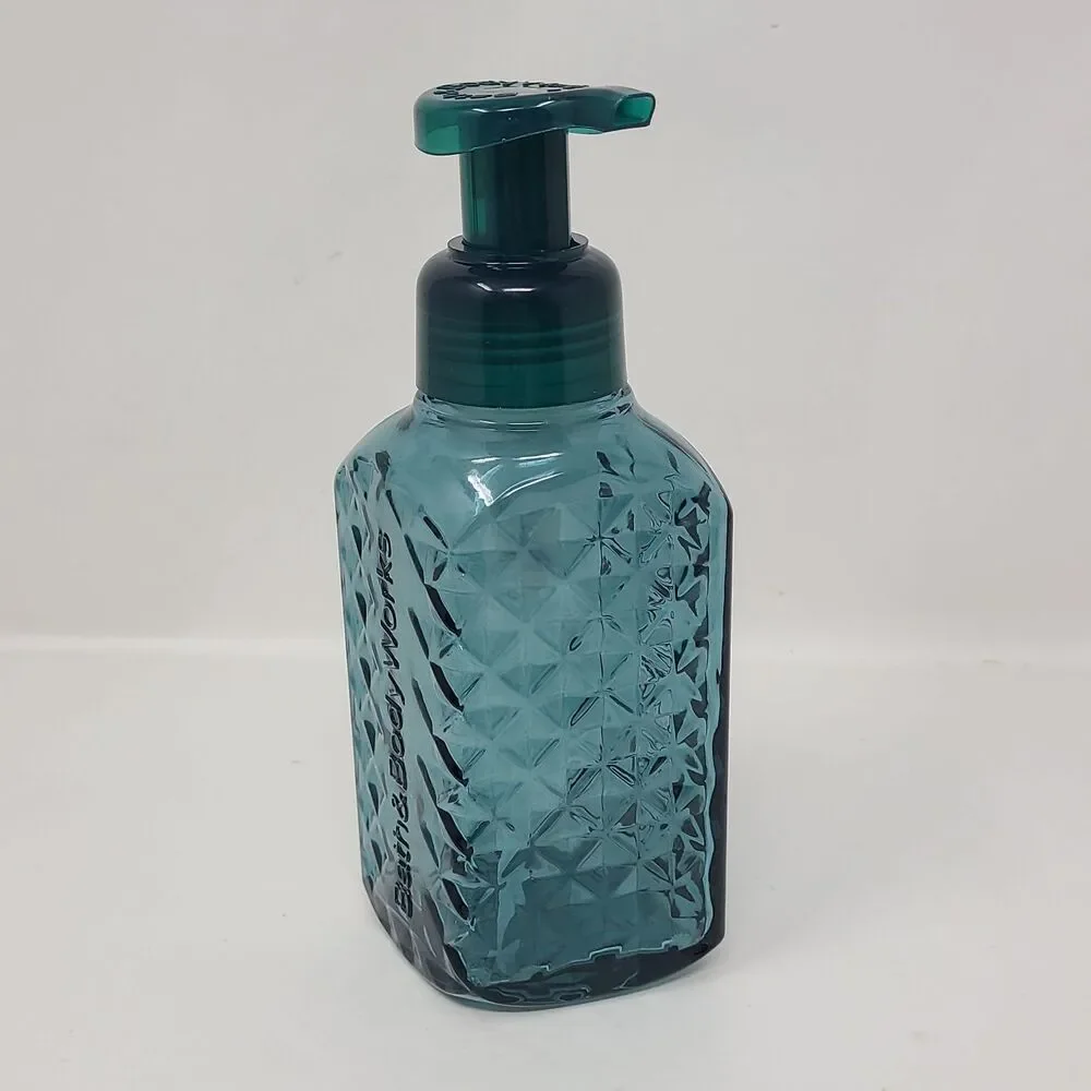 Bath & Body Works Faceted GREEN Glass Foaming Soap Dispenser Holder